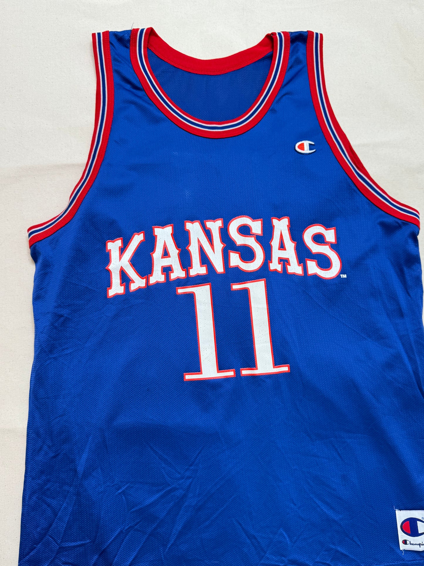 Vintage Kansas Jayhawks Champion Basketball Jersey Size 48/L NCAA #11 University